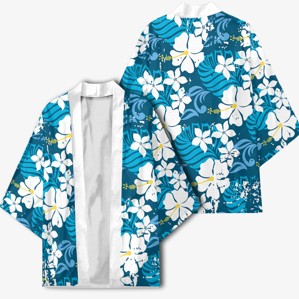 Blue Hawaiian Hibiscus Monstera Kimono Grunge Stylized LT01 - Polynesian Pride