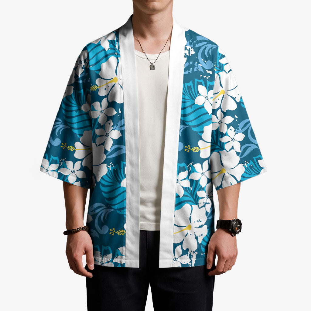 Blue Hawaiian Hibiscus Monstera Kimono Grunge Stylized LT01 - Polynesian Pride