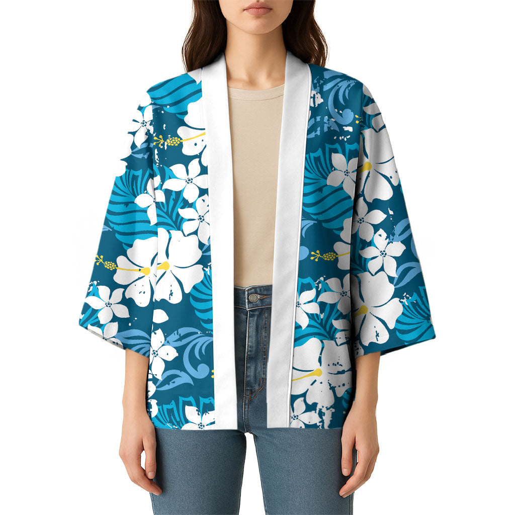 Blue Hawaiian Hibiscus Monstera Kimono Grunge Stylized LT01 - Polynesian Pride