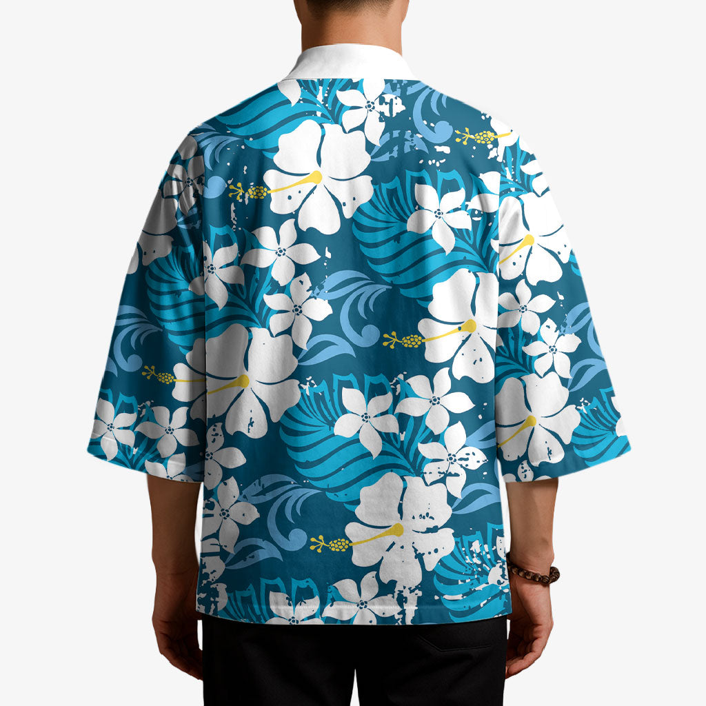 Blue Hawaiian Hibiscus Monstera Kimono Grunge Stylized LT01 - Polynesian Pride
