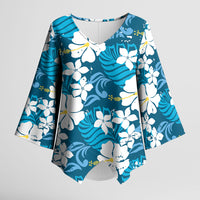 Blue Hawaiian Hibiscus Monstera Kimono Sleeve Blouse Grunge Stylized LT01 Female Blue - Polynesian Pride