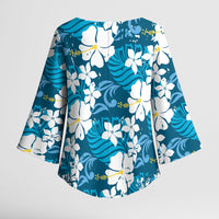 Blue Hawaiian Hibiscus Monstera Kimono Sleeve Blouse Grunge Stylized LT01 - Polynesian Pride