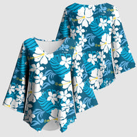 Blue Hawaiian Hibiscus Monstera Kimono Sleeve Blouse Grunge Stylized LT01 - Polynesian Pride