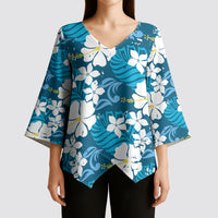 Blue Hawaiian Hibiscus Monstera Kimono Sleeve Blouse Grunge Stylized LT01 - Polynesian Pride