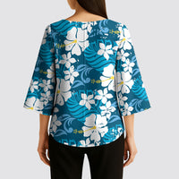 Blue Hawaiian Hibiscus Monstera Kimono Sleeve Blouse Grunge Stylized LT01 - Polynesian Pride