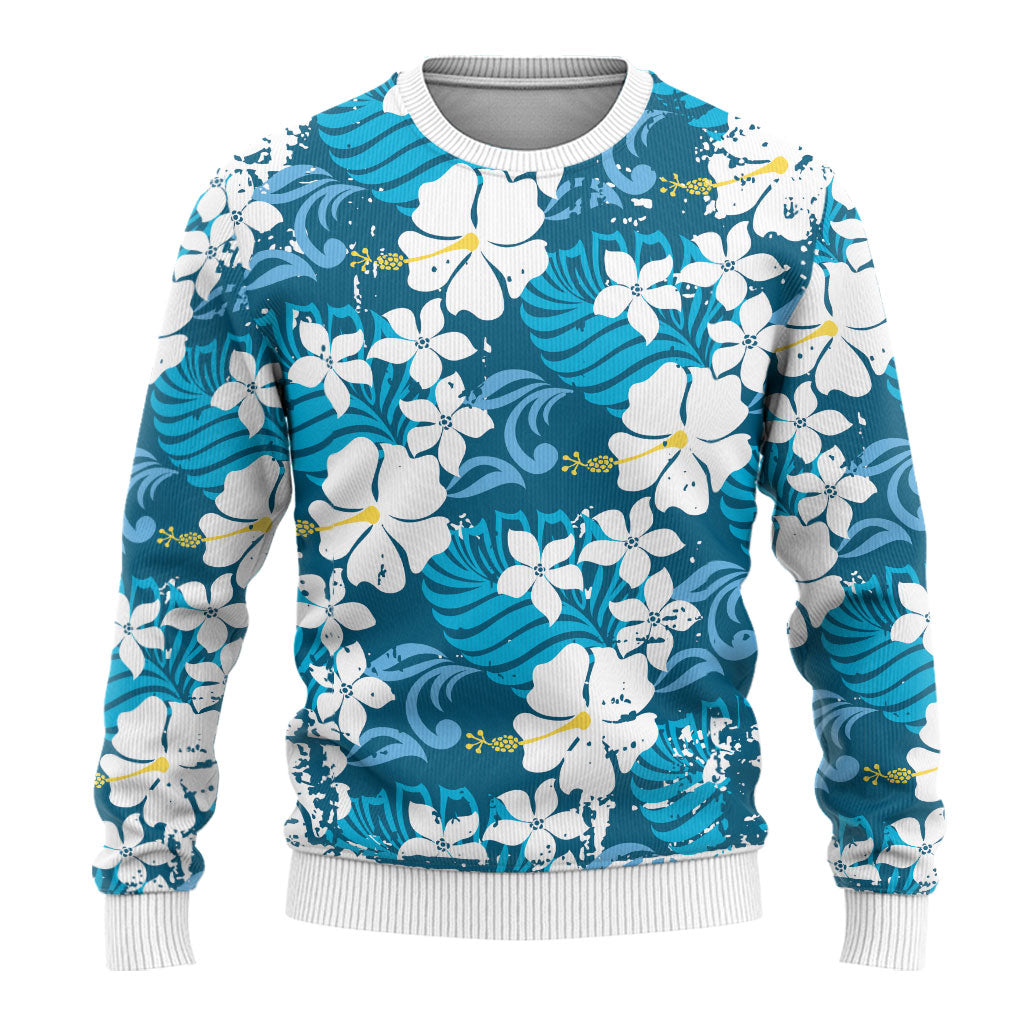 Blue Hawaiian Hibiscus Monstera Ugly Christmas Sweater Grunge Stylized