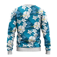 Blue Hawaiian Hibiscus Monstera Ugly Christmas Sweater Grunge Stylized