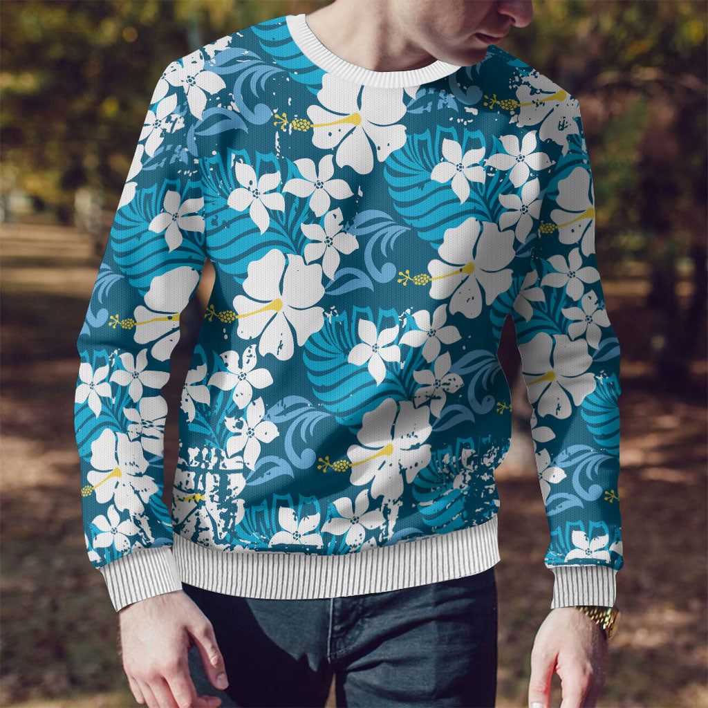 Blue Hawaiian Hibiscus Monstera Ugly Christmas Sweater Grunge Stylized