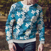 Blue Hawaiian Hibiscus Monstera Ugly Christmas Sweater Grunge Stylized