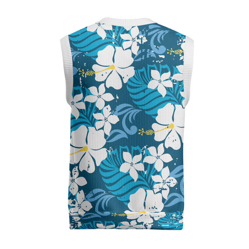Blue Hawaiian Hibiscus Monstera Christmas Knitted V-Neck Vest Grunge Stylized LT01 - Polynesian Pride