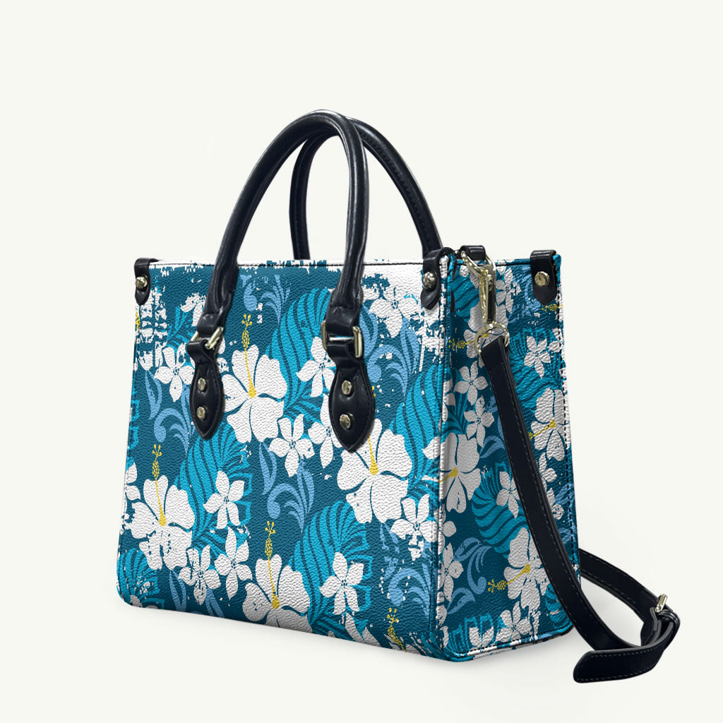 Blue Hawaiian Hibiscus Monstera Leather Bag Grunge Stylized LT01 Blue - Polynesian Pride