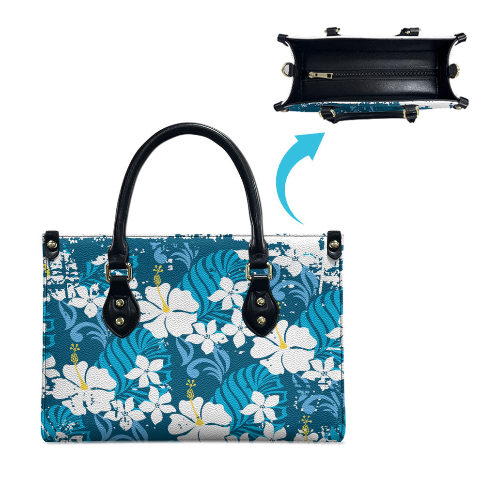 Blue Hawaiian Hibiscus Monstera Leather Bag Grunge Stylized LT01 - Polynesian Pride