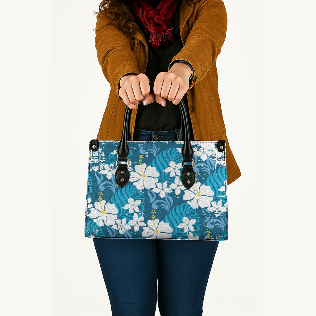 Blue Hawaiian Hibiscus Monstera Leather Bag Grunge Stylized LT01 - Polynesian Pride