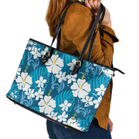 Blue Hawaiian Hibiscus Monstera Leather Tote Bag Grunge Stylized LT01 - Polynesian Pride