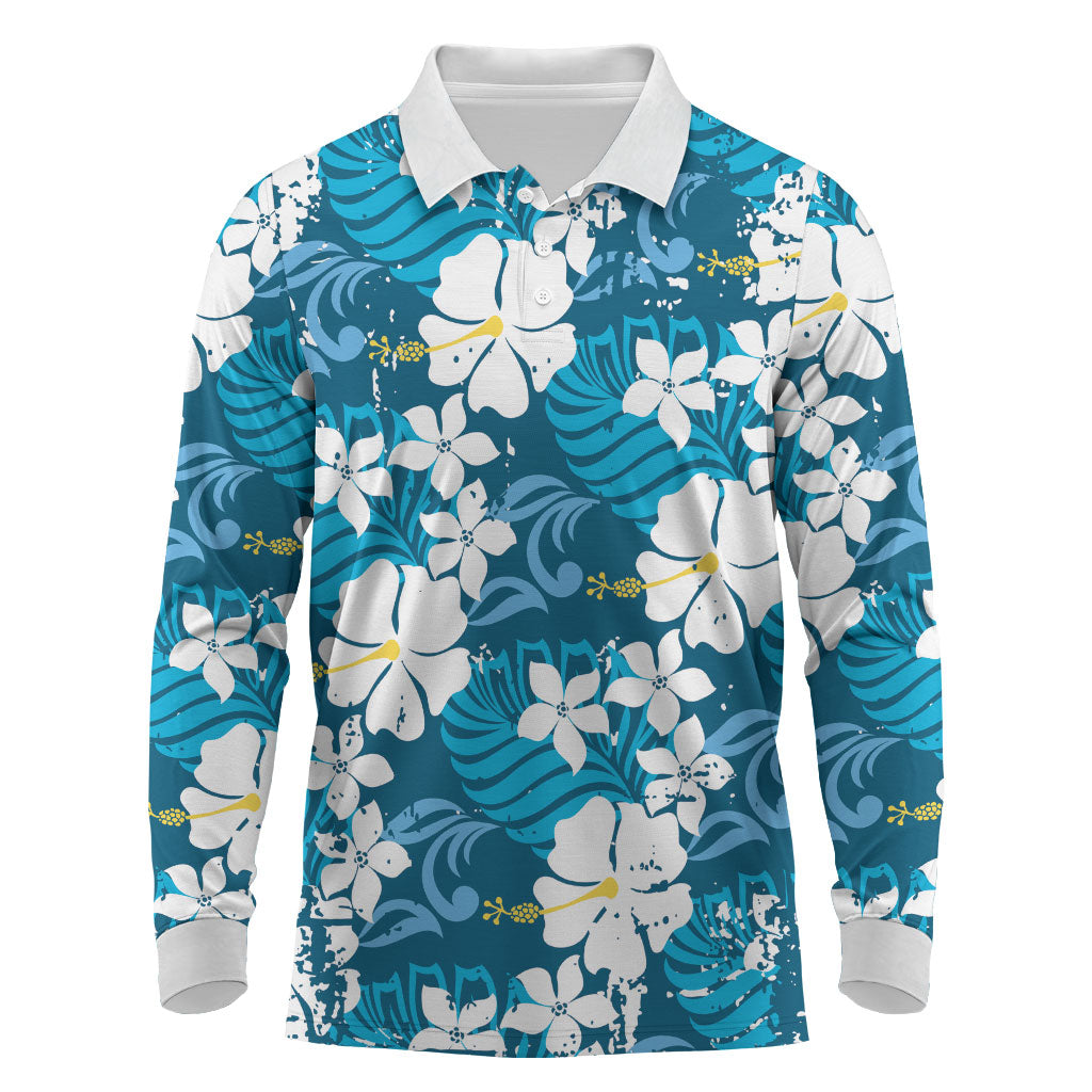 Blue Hawaiian Hibiscus Monstera Long Sleeve Polo Shirt Grunge Stylized LT01 Blue - Polynesian Pride
