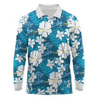 Blue Hawaiian Hibiscus Monstera Long Sleeve Polo Shirt Grunge Stylized LT01 Blue - Polynesian Pride