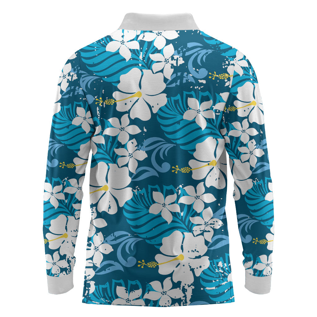 Blue Hawaiian Hibiscus Monstera Long Sleeve Polo Shirt Grunge Stylized LT01 - Polynesian Pride