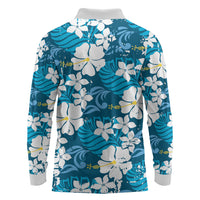 Blue Hawaiian Hibiscus Monstera Long Sleeve Polo Shirt Grunge Stylized LT01 - Polynesian Pride