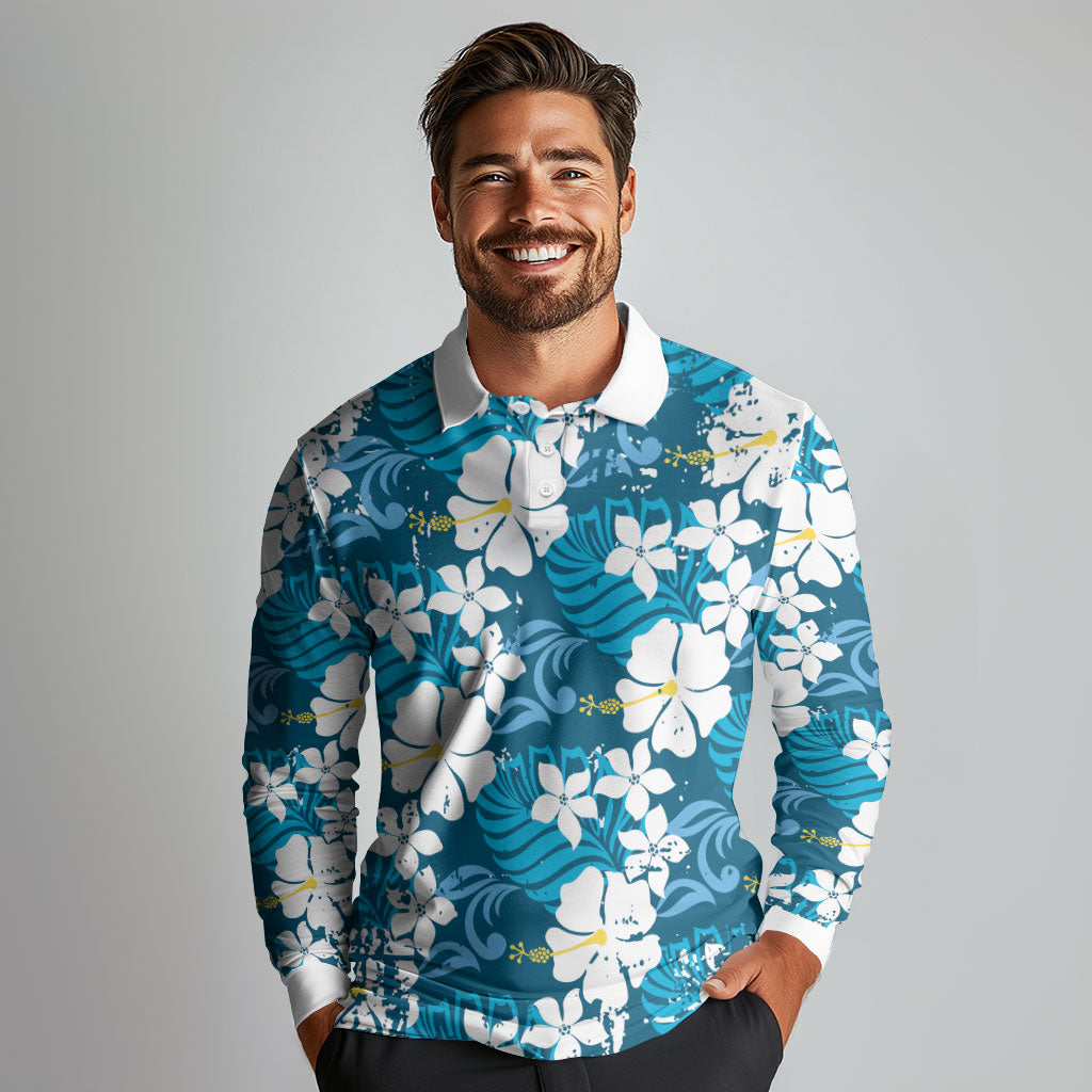 Blue Hawaiian Hibiscus Monstera Long Sleeve Polo Shirt Grunge Stylized LT01 - Polynesian Pride
