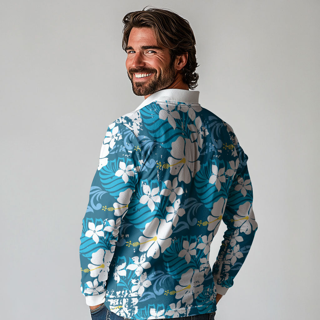 Blue Hawaiian Hibiscus Monstera Long Sleeve Polo Shirt Grunge Stylized LT01 - Polynesian Pride