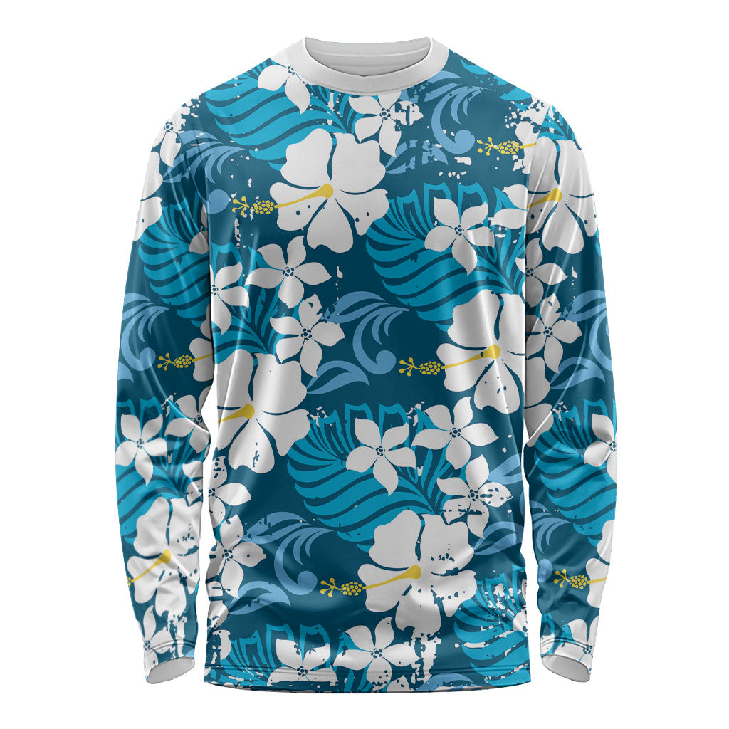 Blue Hawaiian Hibiscus Monstera Long Sleeve Shirt Grunge Stylized LT01 Unisex Blue - Polynesian Pride