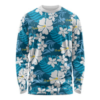 Blue Hawaiian Hibiscus Monstera Long Sleeve Shirt Grunge Stylized LT01 Unisex Blue - Polynesian Pride