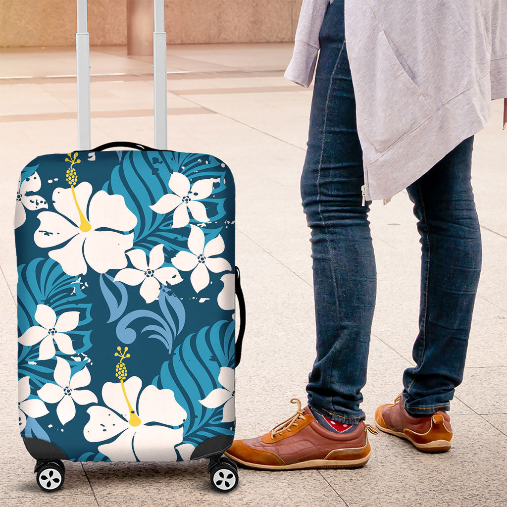 Blue Hawaiian Hibiscus Monstera Luggage Cover Grunge Stylized LT01 Blue - Polynesian Pride