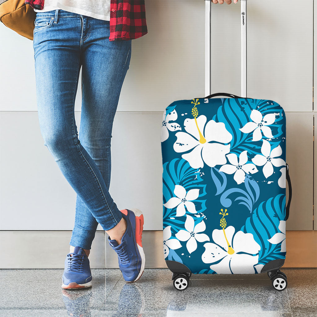 Blue Hawaiian Hibiscus Monstera Luggage Cover Grunge Stylized LT01 - Polynesian Pride
