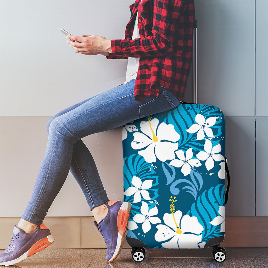 Blue Hawaiian Hibiscus Monstera Luggage Cover Grunge Stylized LT01 - Polynesian Pride