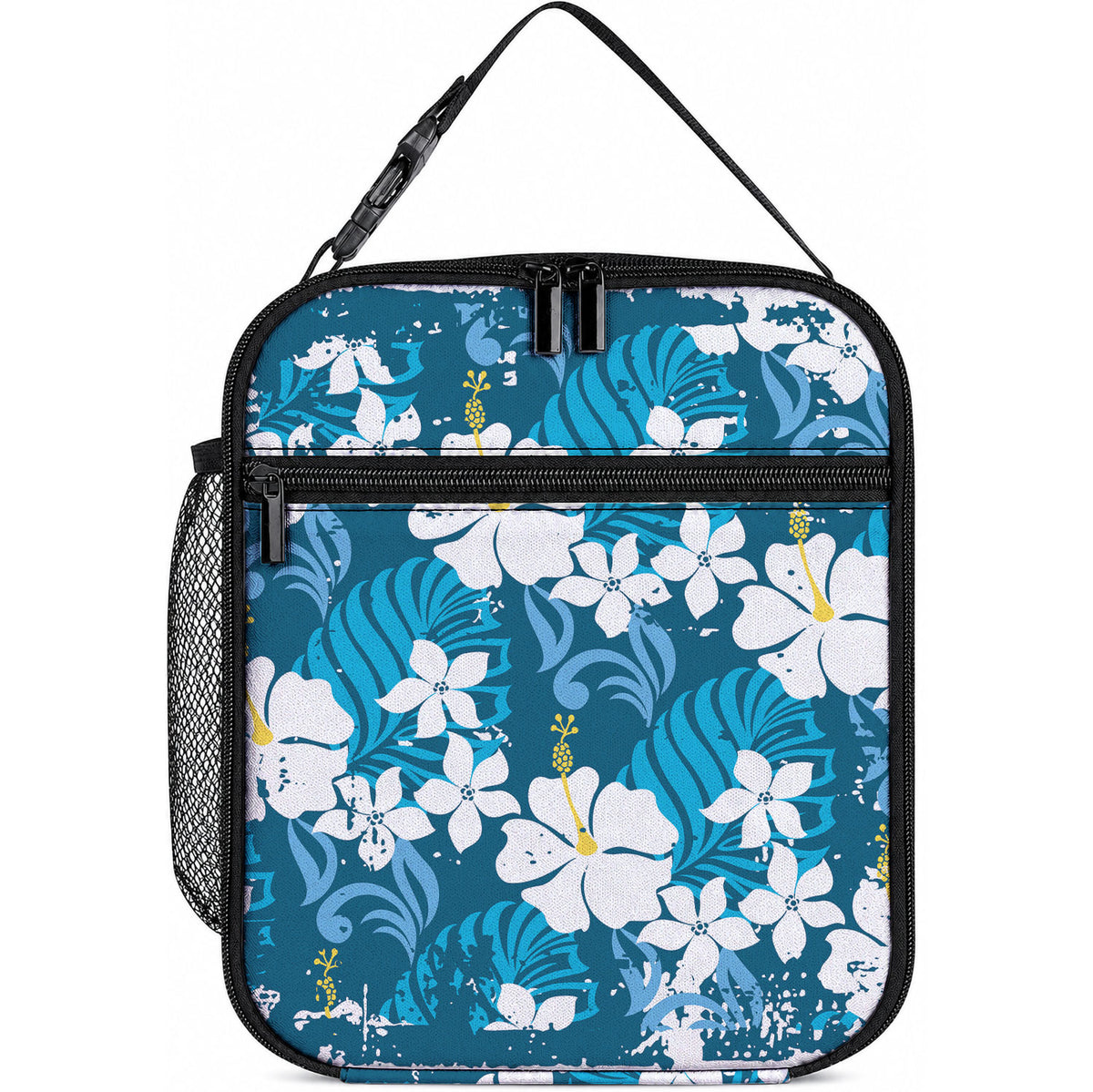 Blue Hawaiian Hibiscus Monstera Lunch Bag Grunge Stylized LT01 10.2 × 8.3 × 4.3 inch Blue - Polynesian Pride