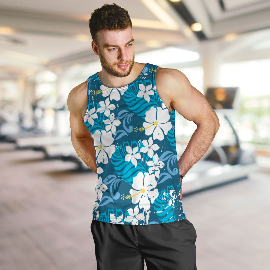 Blue Hawaiian Hibiscus Monstera Men Tank Top Grunge Stylized LT01 Blue - Polynesian Pride