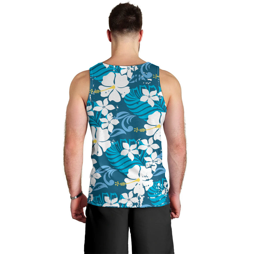 Blue Hawaiian Hibiscus Monstera Men Tank Top Grunge Stylized LT01 - Polynesian Pride