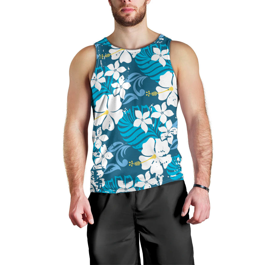 Blue Hawaiian Hibiscus Monstera Men Tank Top Grunge Stylized LT01 - Polynesian Pride