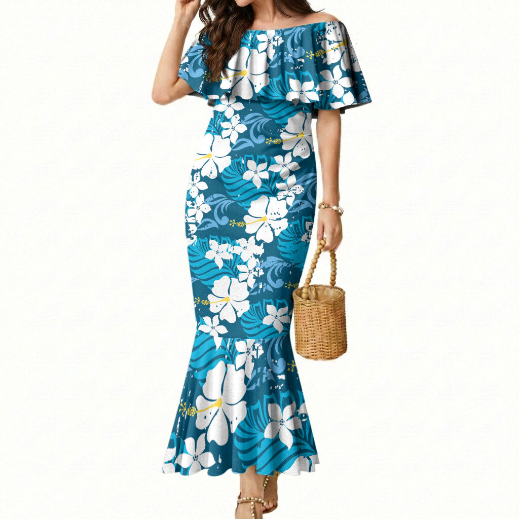 Blue Hawaiian Hibiscus Monstera Mermaid Dress Grunge Stylized LT01 Women Blue - Polynesian Pride