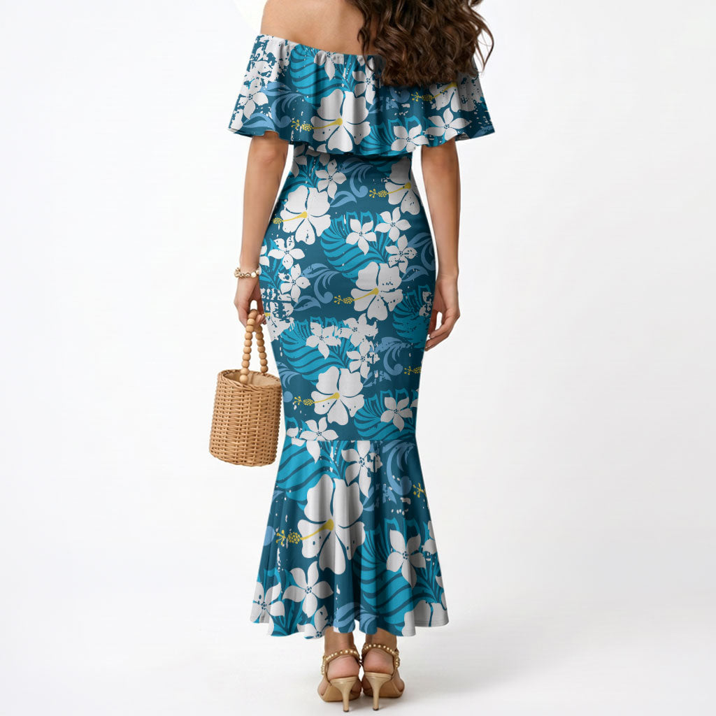 Blue Hawaiian Hibiscus Monstera Mermaid Dress Grunge Stylized LT01 - Polynesian Pride