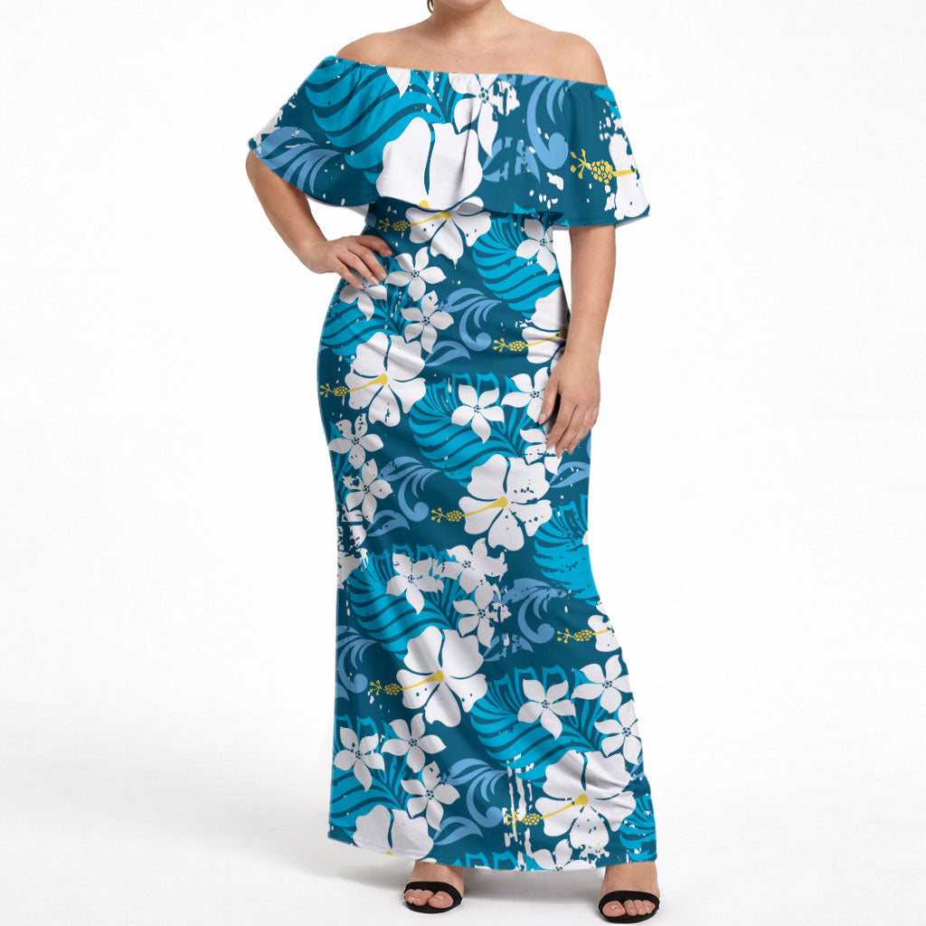 Blue Hawaiian Hibiscus Monstera Off Shoulder Maxi Dress Grunge Stylized LT01 Women Blue - Polynesian Pride