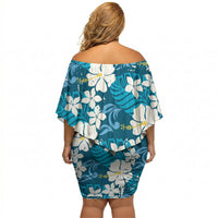 Blue Hawaiian Hibiscus Monstera Off Shoulder Short Dress Grunge Stylized LT01 - Polynesian Pride