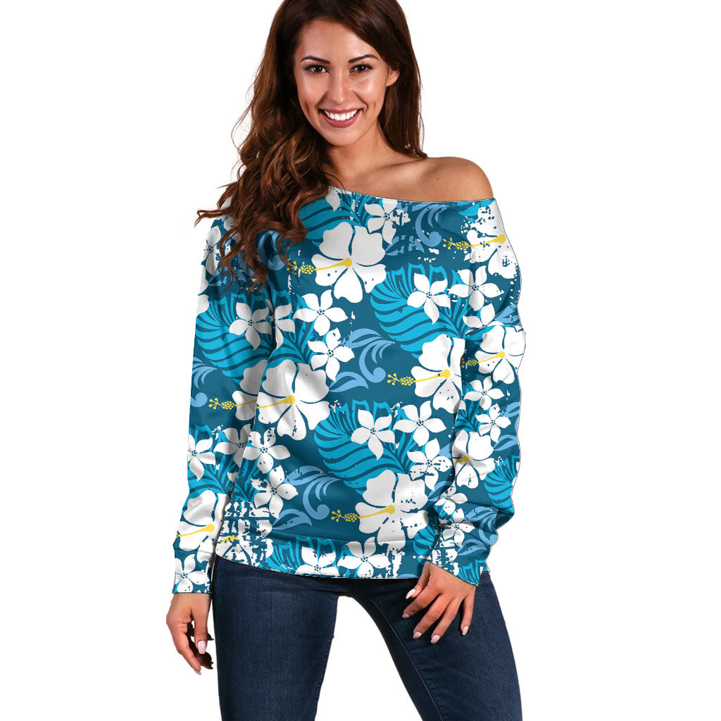 Blue Hawaiian Hibiscus Monstera Off Shoulder Sweater Grunge Stylized LT01 Women Blue - Polynesian Pride