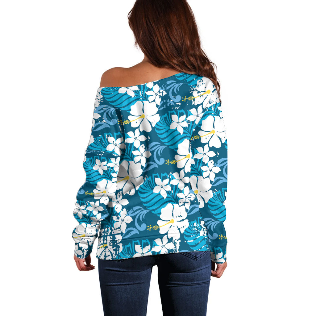 Blue Hawaiian Hibiscus Monstera Off Shoulder Sweater Grunge Stylized LT01 - Polynesian Pride