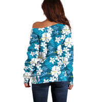 Blue Hawaiian Hibiscus Monstera Off Shoulder Sweater Grunge Stylized LT01 - Polynesian Pride