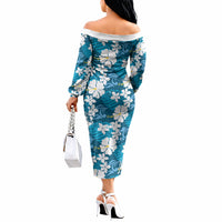 Blue Hawaiian Hibiscus Monstera Off The Shoulder Long Sleeve Dress Grunge Stylized LT01 - Polynesian Pride