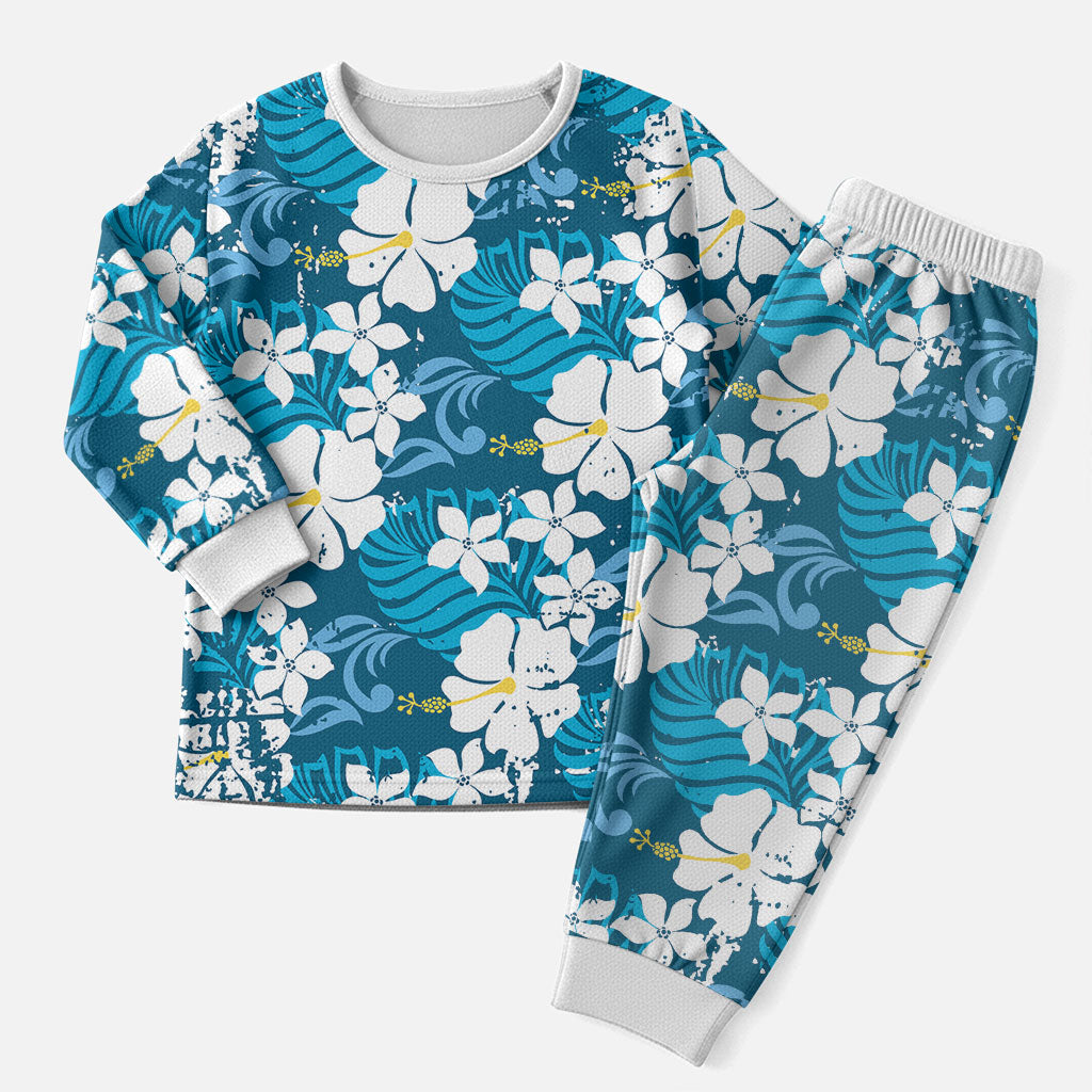 Blue Hawaiian Hibiscus Monstera Christmas Pajama Set Grunge Stylized LT01 Men Blue - Polynesian Pride