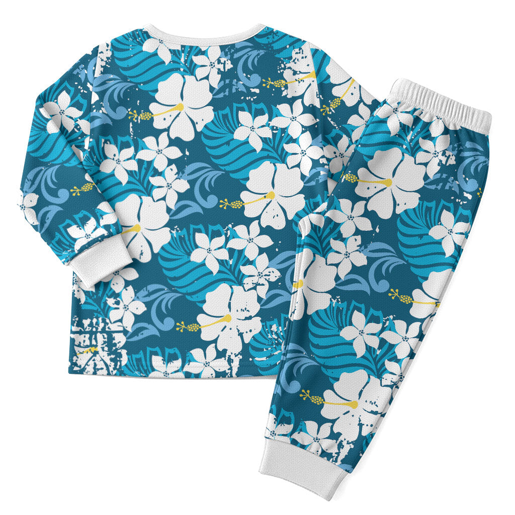 Blue Hawaiian Hibiscus Monstera Christmas Pajama Set Grunge Stylized LT01 - Polynesian Pride