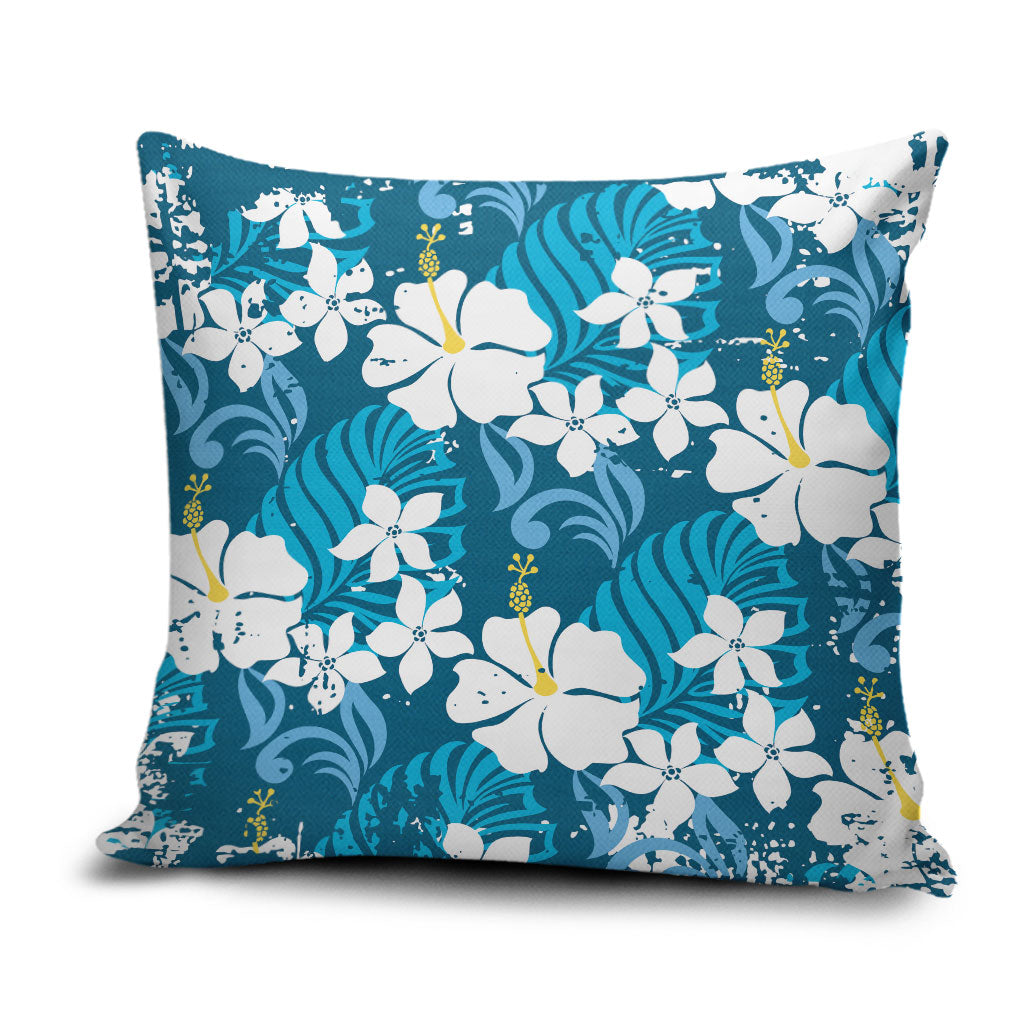 Blue Hawaiian Hibiscus Monstera Pillow Cover Grunge Stylized LT01 Blue - Polynesian Pride