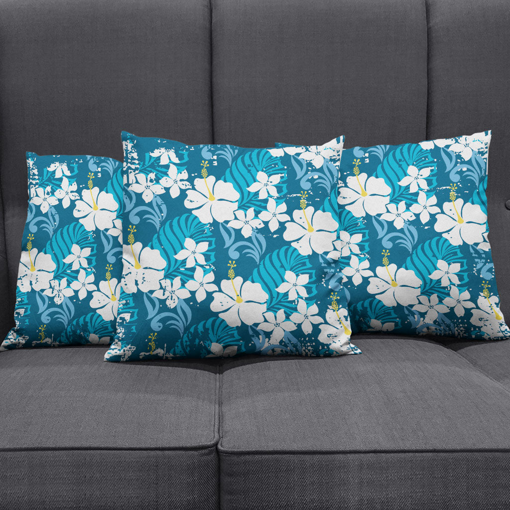 Blue Hawaiian Hibiscus Monstera Pillow Cover Grunge Stylized LT01 - Polynesian Pride