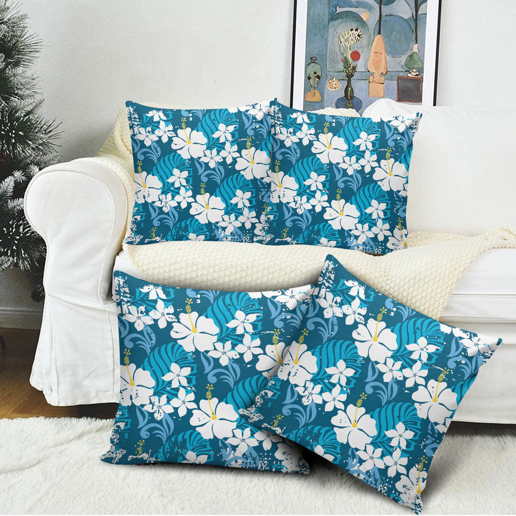 Blue Hawaiian Hibiscus Monstera Pillow Cover Grunge Stylized LT01 - Polynesian Pride