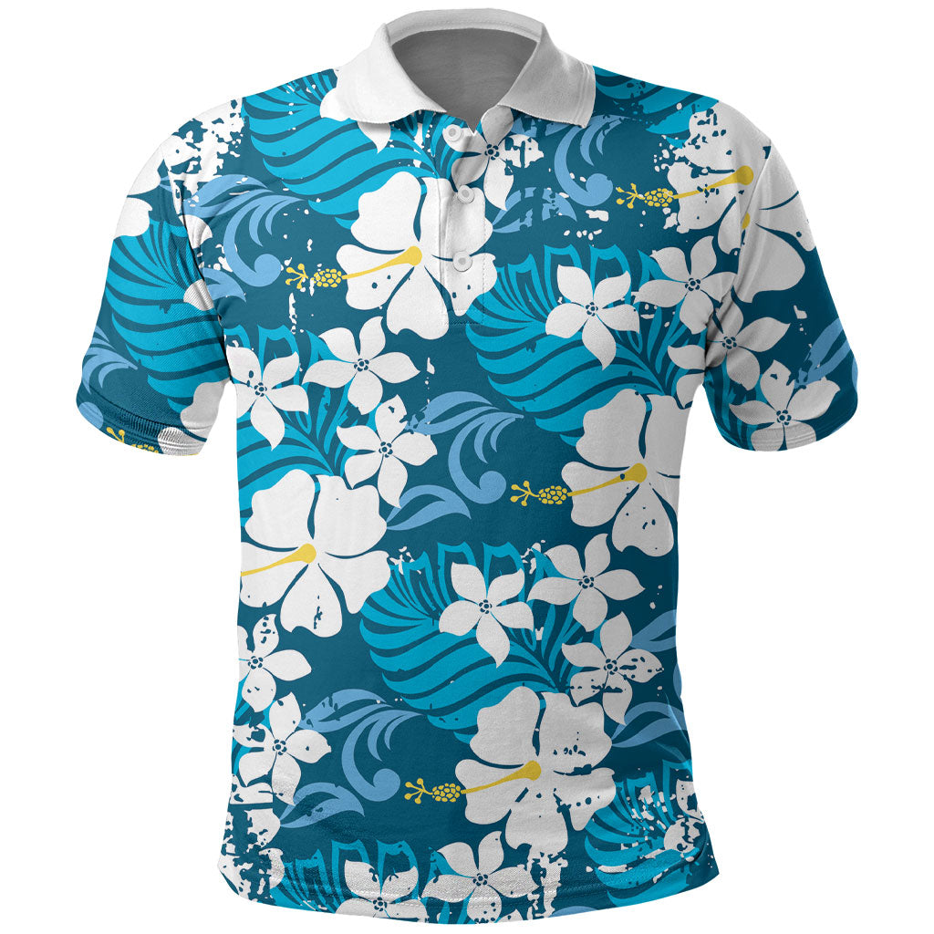 Blue Hawaiian Hibiscus Monstera Polo Shirt Grunge Stylized