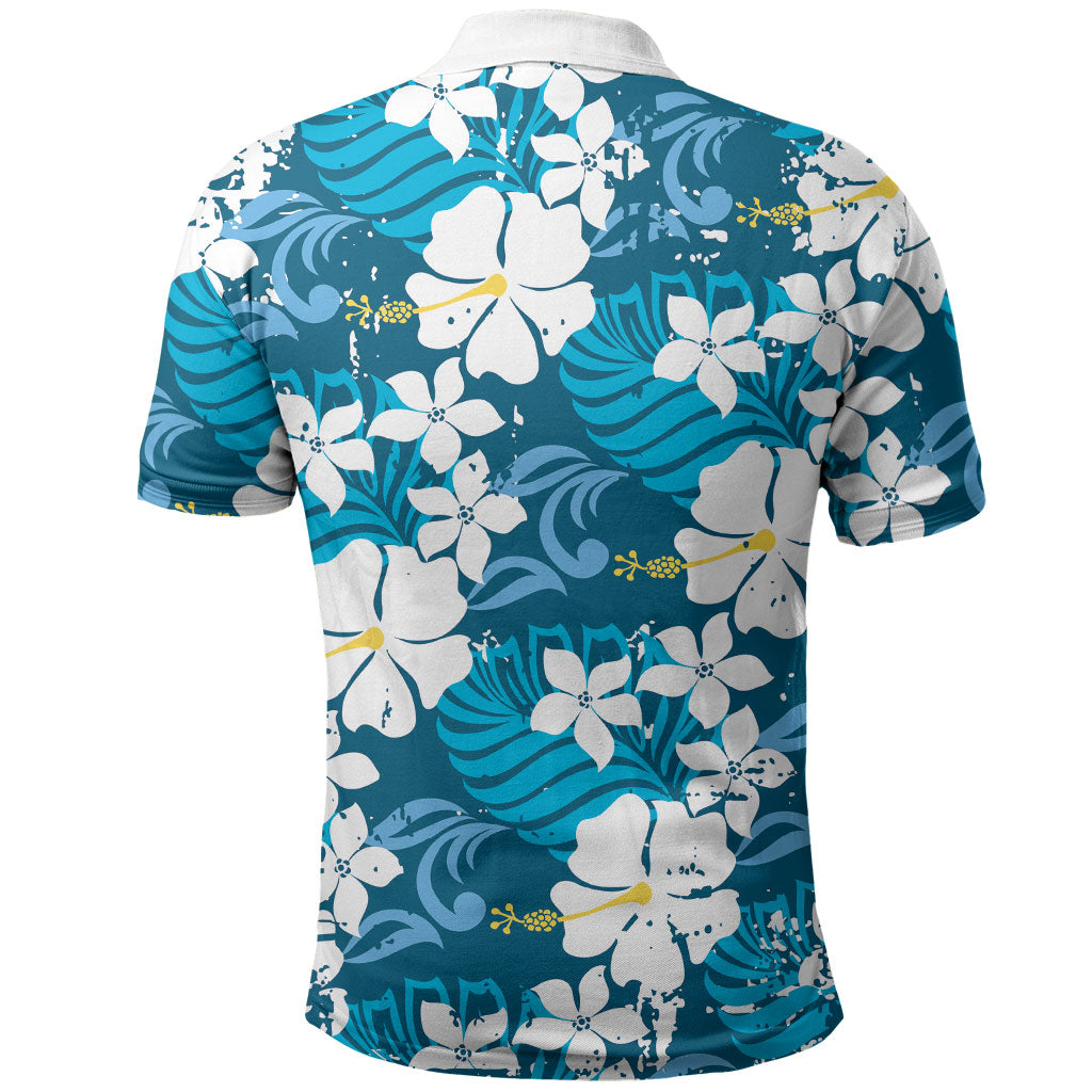 Blue Hawaiian Hibiscus Monstera Polo Shirt Grunge Stylized LT01 - Polynesian Pride