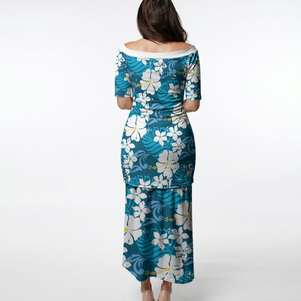 Blue Hawaiian Hibiscus Monstera Puletasi Grunge Stylized LT01 - Polynesian Pride