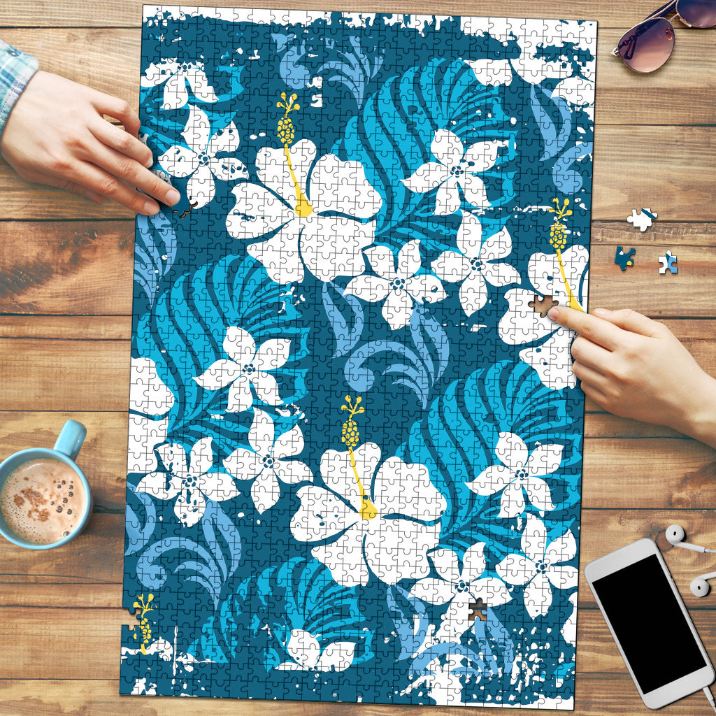 Blue Hawaiian Hibiscus Monstera Puzzle Grunge Stylized LT01 Blue - Polynesian Pride